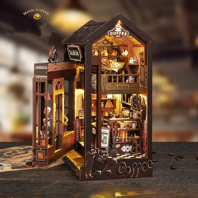 Magic Coffee DIY Book Stand Model Kit, 3D Puzzle House, Home Decoration, Ages 14+, Includes English Manual, Creative Gift