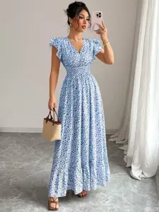 New Fashion Pleated Braided Small Floral Short Sleeve Dress, Ruffled Hem Waist Cinch Vacation Style Summer Women's Skirt