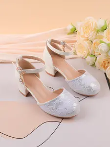 Girls' Low Heel Party Sandals, Criss Cross Design, PU Upper, Rubber Sole, Anklet Strap, Mesh Decoration, Suitable for Kids & Teens