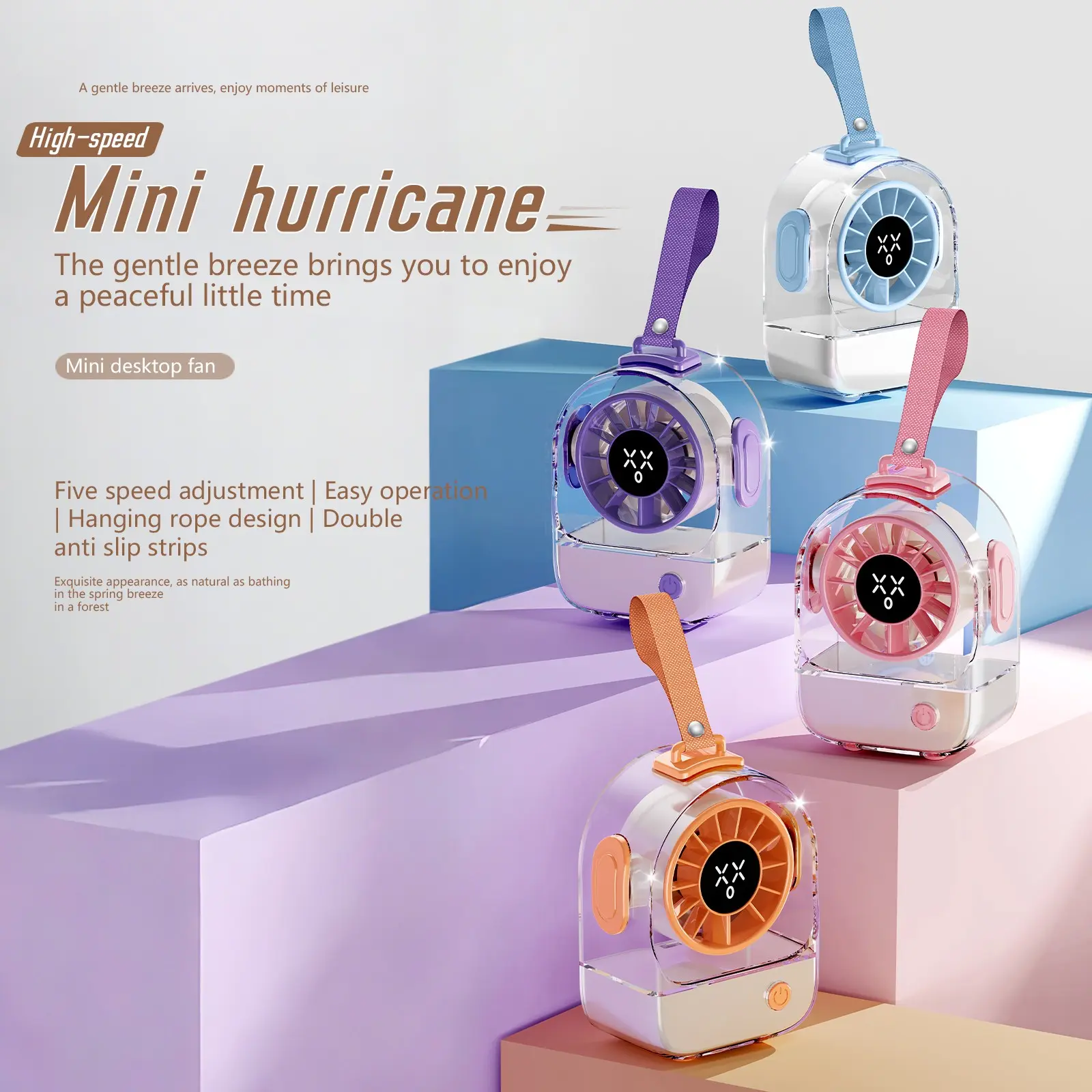 Cartoon Mini Desktop Fan, Emoji Display, 5 Speed Settings, 1200mah Battery, 8 Hours Runtime, Marble Colors, Indoor Outdoor Travel Camping