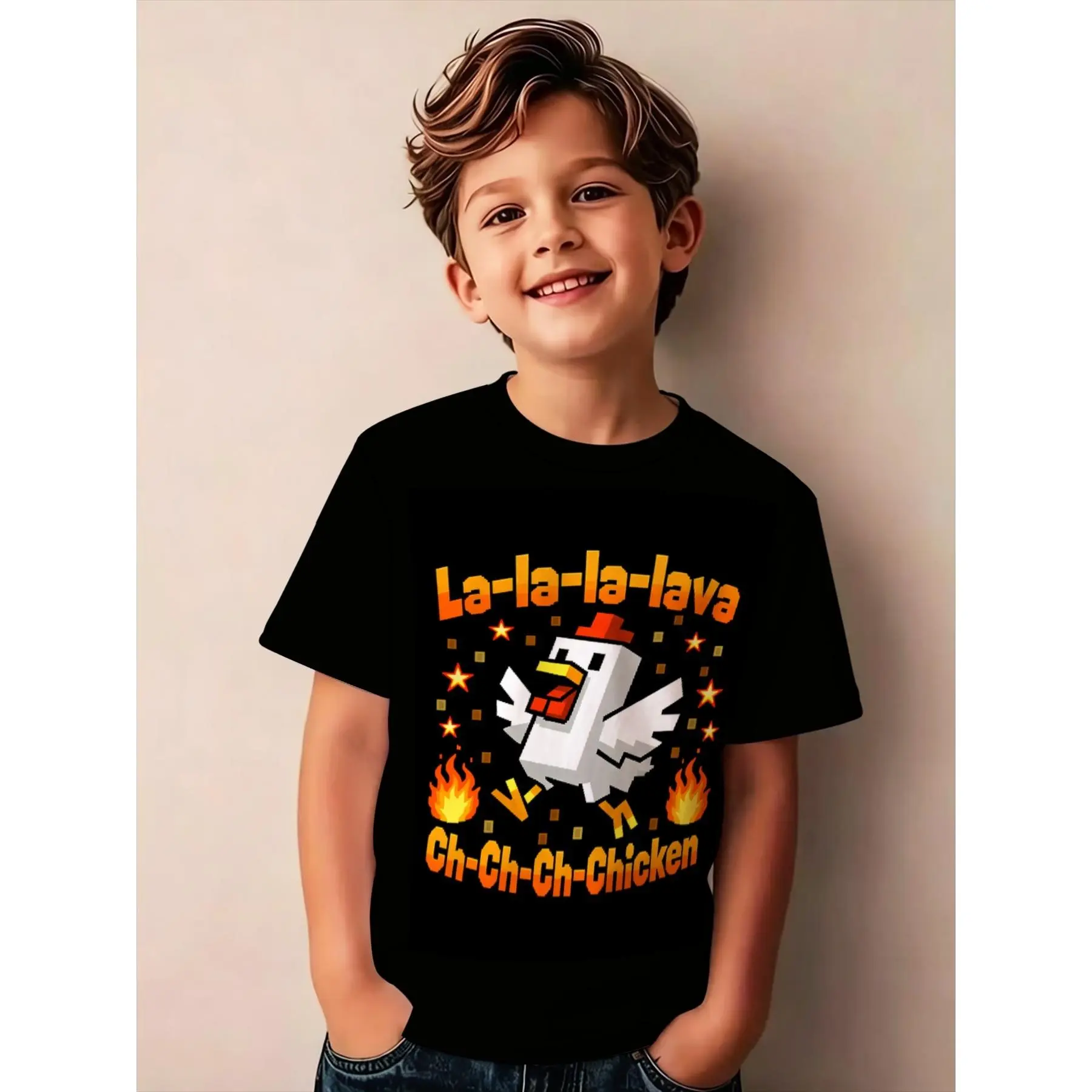 [Boys' Pixel Style T-shirt] 1pc of Boys' Outdoor Casual Sport Round Neck Short Sleeve T-shirt, Pixel Style Chick Print T-shirt, Comfortable and Breathable Fabric, Suitable for Outdoor Vacations, Suitable for Summer Wear, Casual Sport Style
