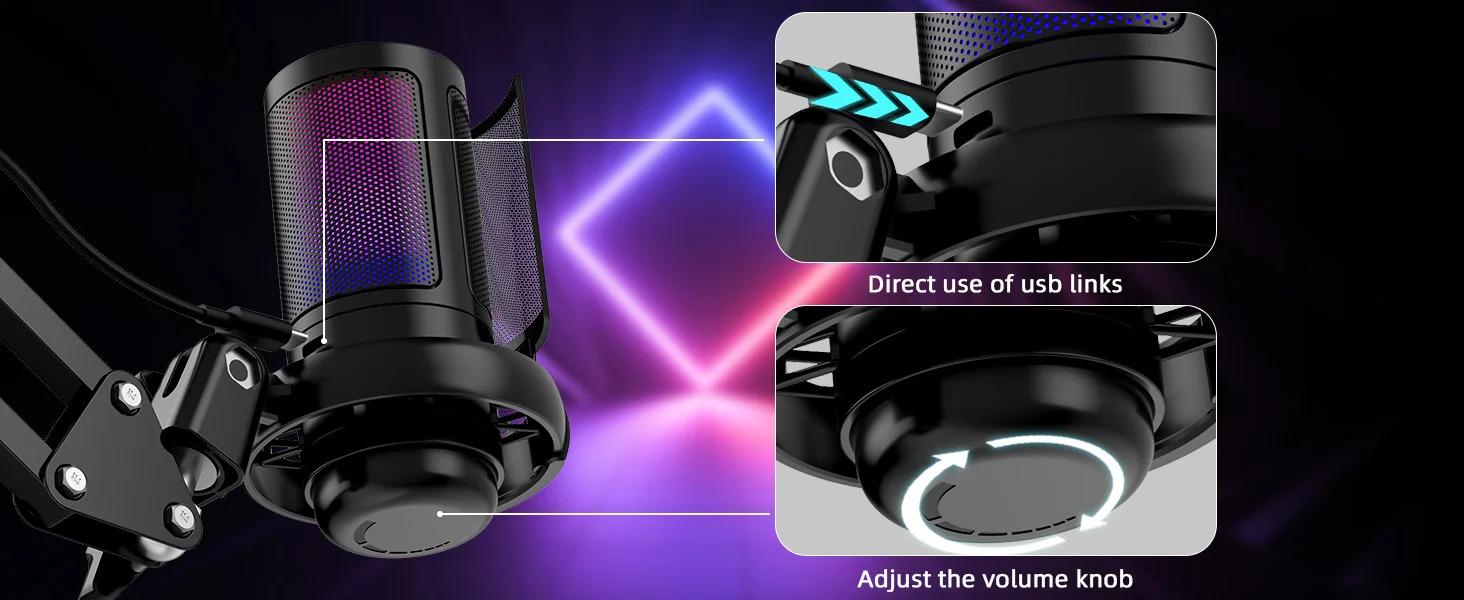 USB Condenser Microphone RGB Esports Game Call Recording Condenser Mic with Metal Boom Stand Desktop Mic for Studio Recording