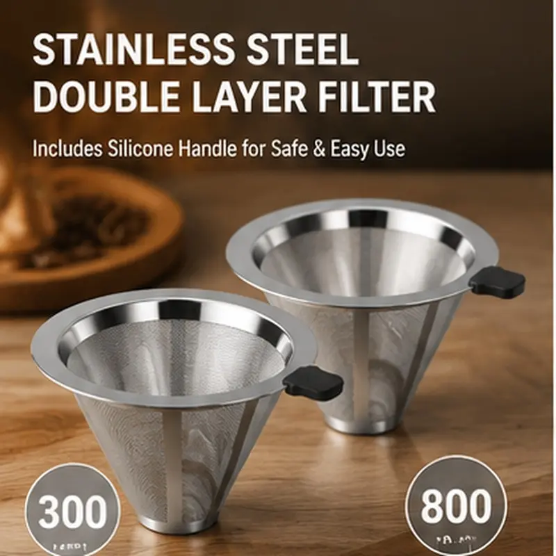 Reusable Stainless Steel Coffee Filter with Silicone Handle, Double Layer Fine Mesh Pour Over Dripper, 300/800 Mesh Tea Strainer, Paperless Coffee Maker for Home & Office