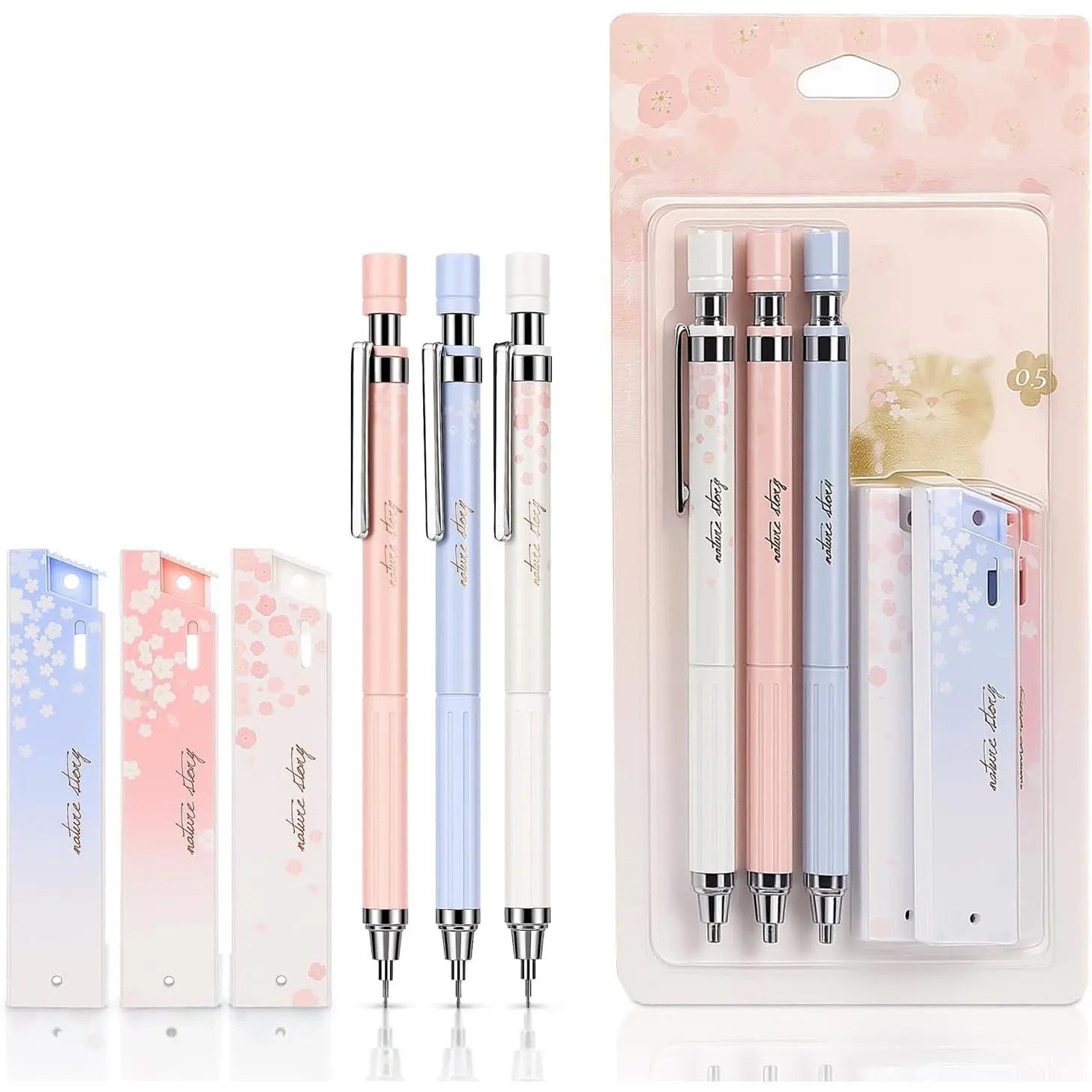 3 count Cherry Blossom Mechanical Pencils Set, 0.5mm  Pencils | Cute Kawaii Mechanical Pencils Includes 3 Lead Refill Tubes, Ideal for School, Office Writing, Drafting and Drawing Projects