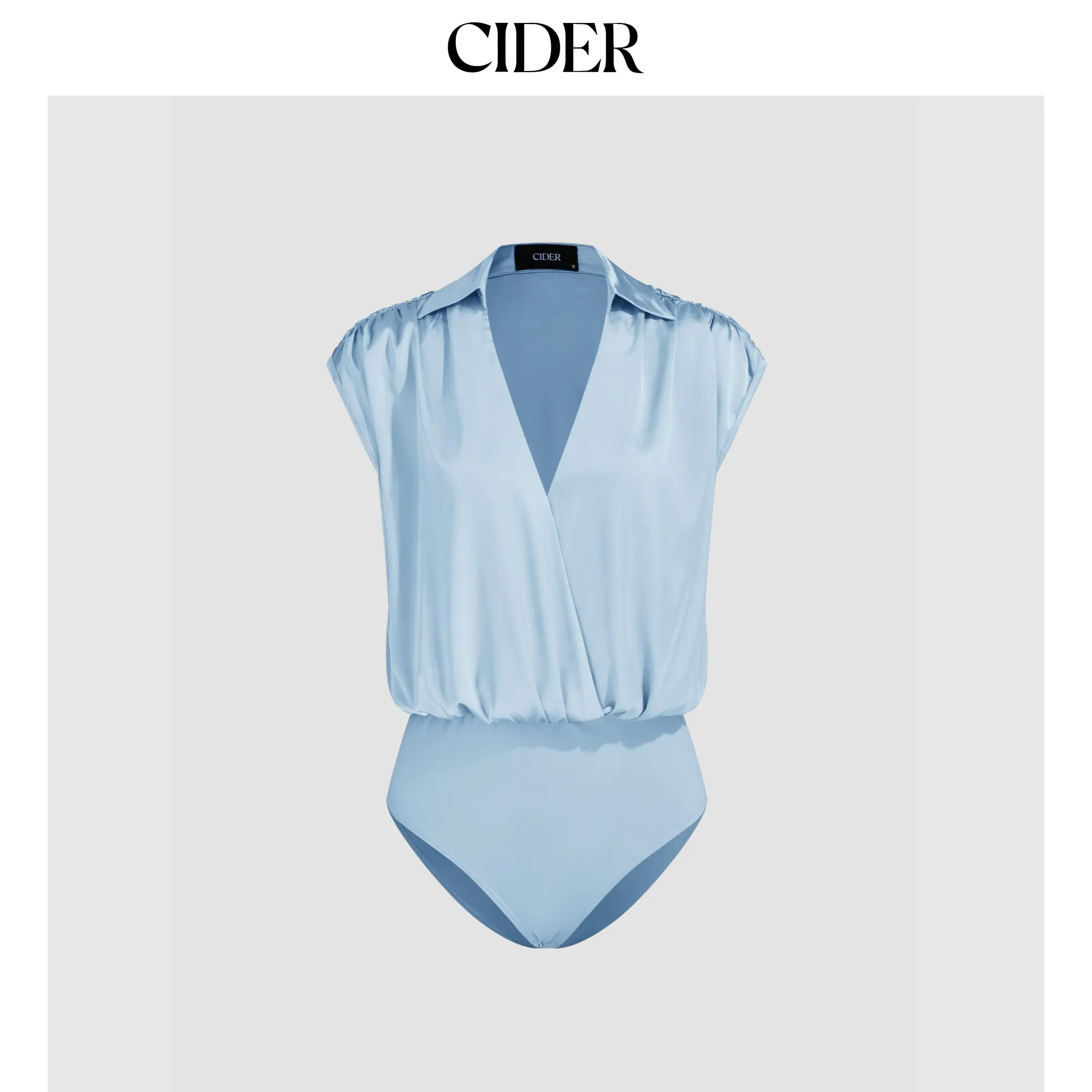Women's Satin V-Neck Solid Ruched Sleeveless Cider Bodysuit, 2 Colors, Size 2-26