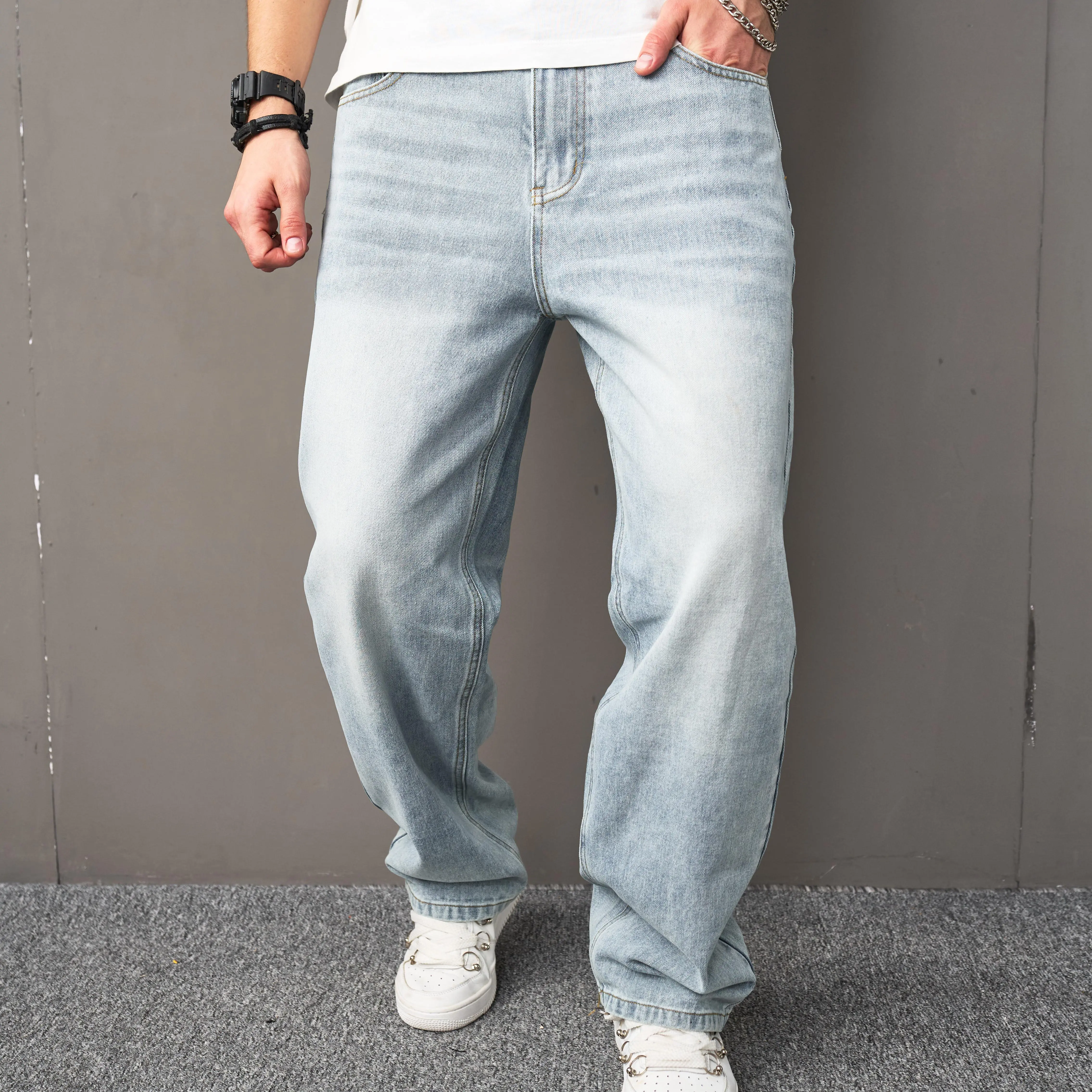 Men's Jeans, Baggy Straight Leg Style in a Plain Wash, Non-Stretch Denim for Casual Streetwear and All-Season Wear, Baggy Men's Jeans, Cotton Oversized Denim Men's Jeans