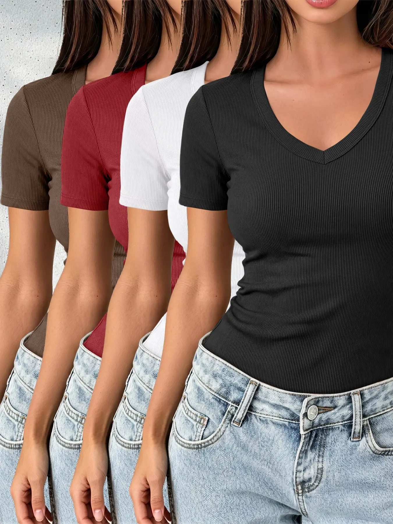 Women's Ribbed V-Neck Short Sleeve T-Shirt 4-Piece Set, Elegant Fitted Solid Top, All Seasons Wear, Plain Surface, Unlined