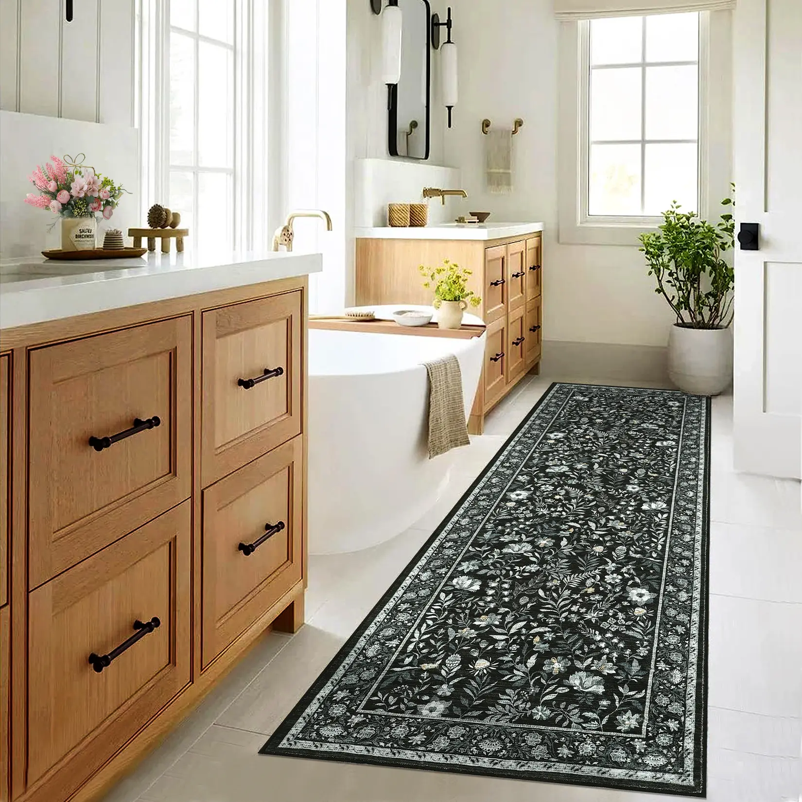 2x6 ft Washable Foldable Botanical Runner Rug, 350gsm Faux Shearling, TPR Non-Slip, Black