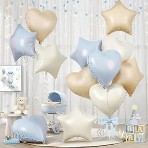 Blue cream heart-shaped balloons, 12 45.72cm caramel cream blue heart-shaped balloons and star aluminum foil balloons, suitable for baby boy parties, men's birthdays, wedding anniversaries
