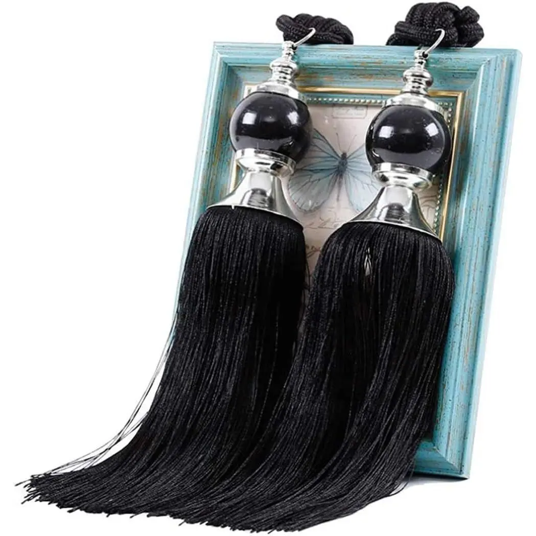 2 count Black Curtain Tassel Tiebacks  Beaded Fringe Rope Tassel Tie Backs Pair Curtain Holdbacks Liner Ties for Drapery Window Door Decorations