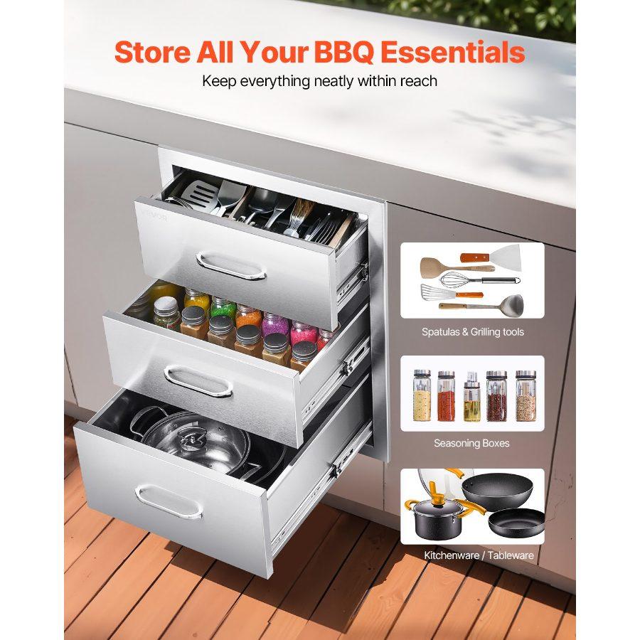 VEVOR Outdoor Kitchen Drawers 18.11 Wx 23.23 Dx 23.23 H, Triple-Access Stainless Steel Modular Drawer Cabinet with Handles, BBQ Island Drawer for Outdoor Kitchen BBQ Island Patio Grill Station