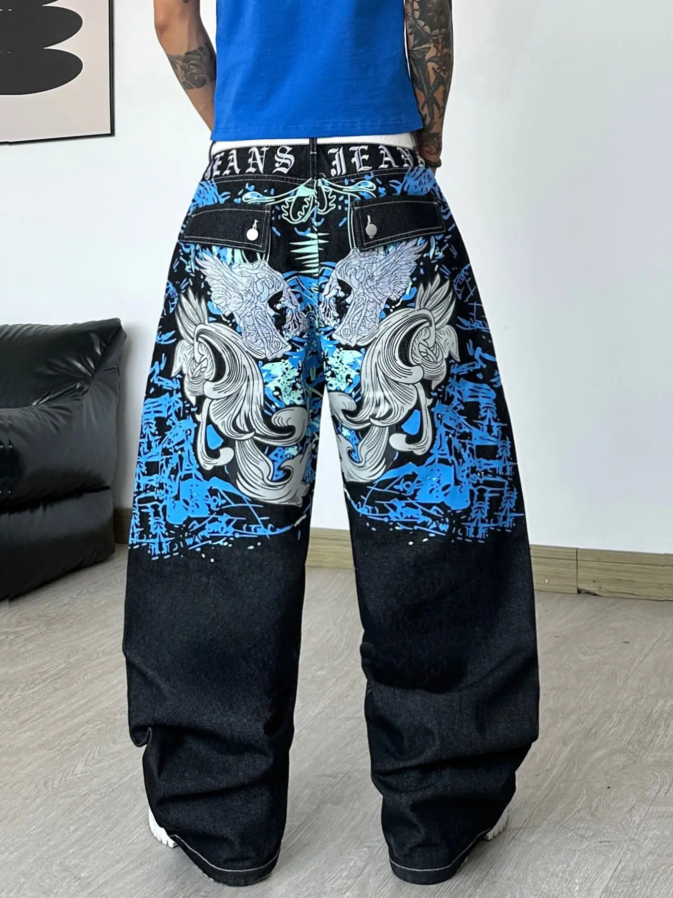 Men's Loose Oversized Baggy Embroidered Jeans, Heavy Print Wing Stitch Trendy Wide Leg Pants, Y2K American Street Skate Style, Comfortable and Durable, Multiple Sizes Available
