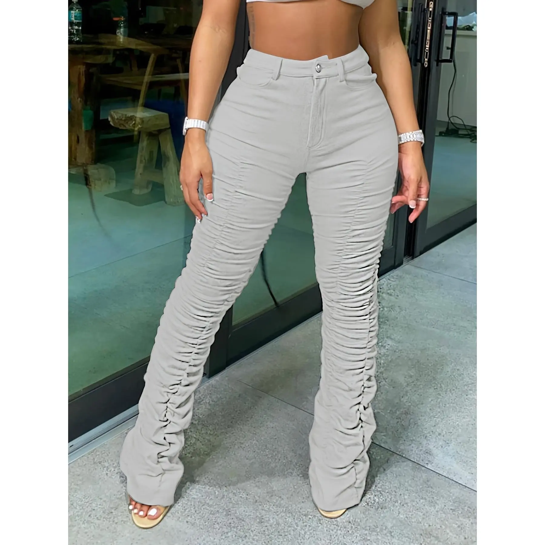 HY5159 Women's High-Waisted Stretchy Ruched Pants - Light Grey Casual Tapered Leggings with 95% Polyester 5% Elastane, Machine Washable All-Season Comfort