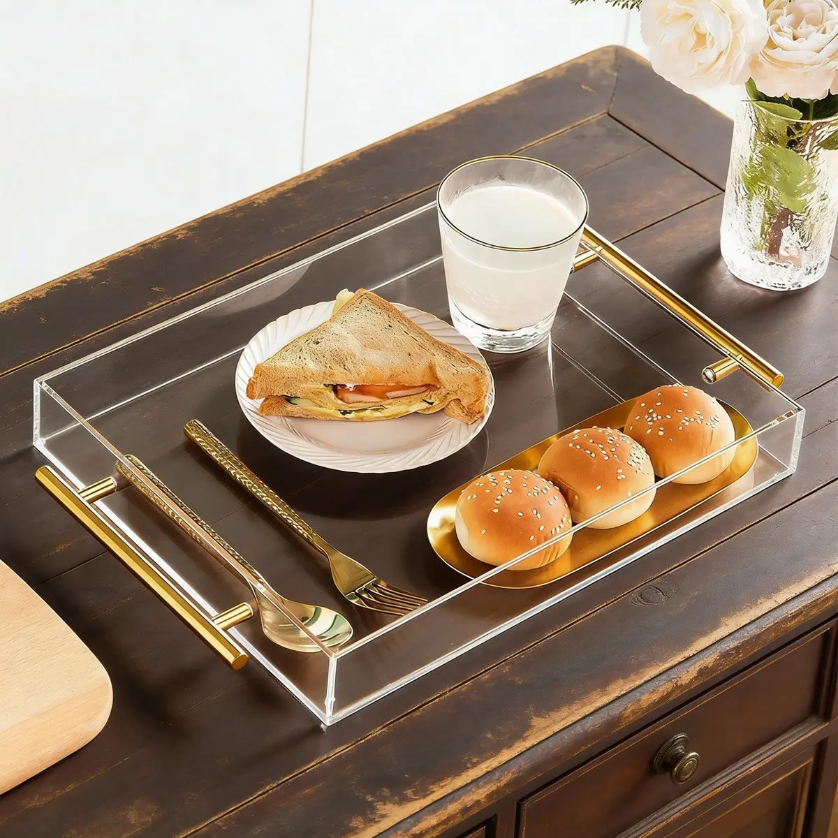 Acrylic Transparent Tray with Handle, Elegant Storage Tray for Breakfast, Coffee, Tea, Perfect for Parties and Restaurant Decor