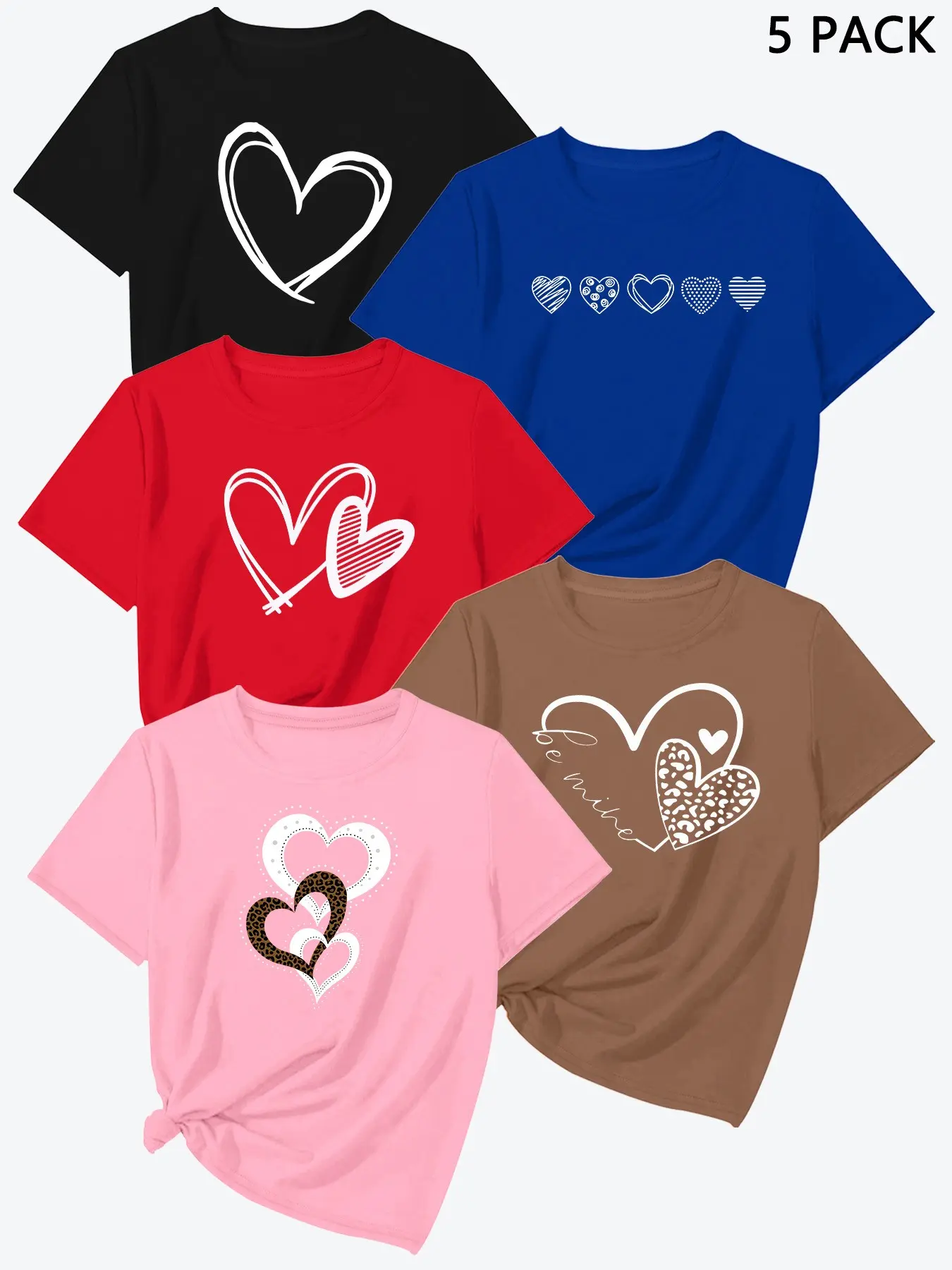Summer New Heart Print Short Sleeve, High-Quality Women's Sport T-Shirt Set of 5, Casual Fitted Top, Multicolor Options, Polyester Activewear