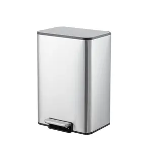 4 Gallon Small Trash Can, Rectangular Stainless Steel Waste Bin with Quiet Foot Pedal, Soft-Close Lid & Removable Bucket, Space-Saving Design Garbage Can for Bedroom, Living Room, Silver