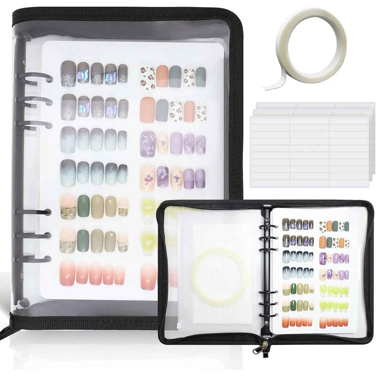 A5 Size Press On Nail Storage Organizer Binder Set with 8 Insert Pages, Plastic Cover, Tape, Zipper Pocket - Reusable Fake Nail Swatch Collecting, Polish Color Display Holder (Black, Gift)