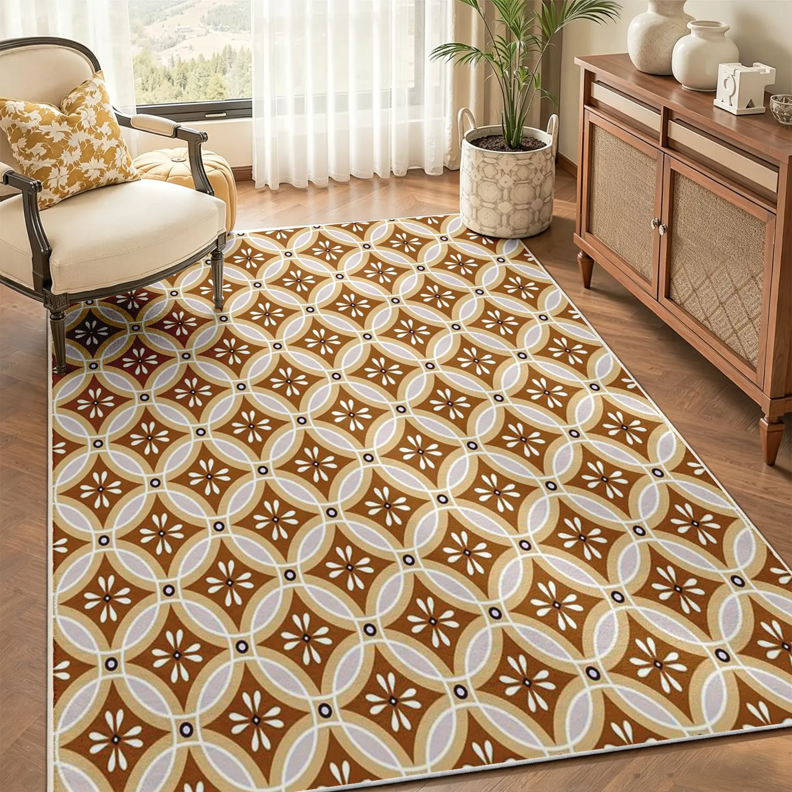 Moroccan Tile Area Rug, Warm Ochre Base with White Interlocking Quatrefoil Lattice and Daisy Motif, Non-Slip Washable Carpet, Soft Durable Floor Mat, Aesthetic Rugs for Living Room Bedroom Home Decor, 8 x 10 ft Area Rugs