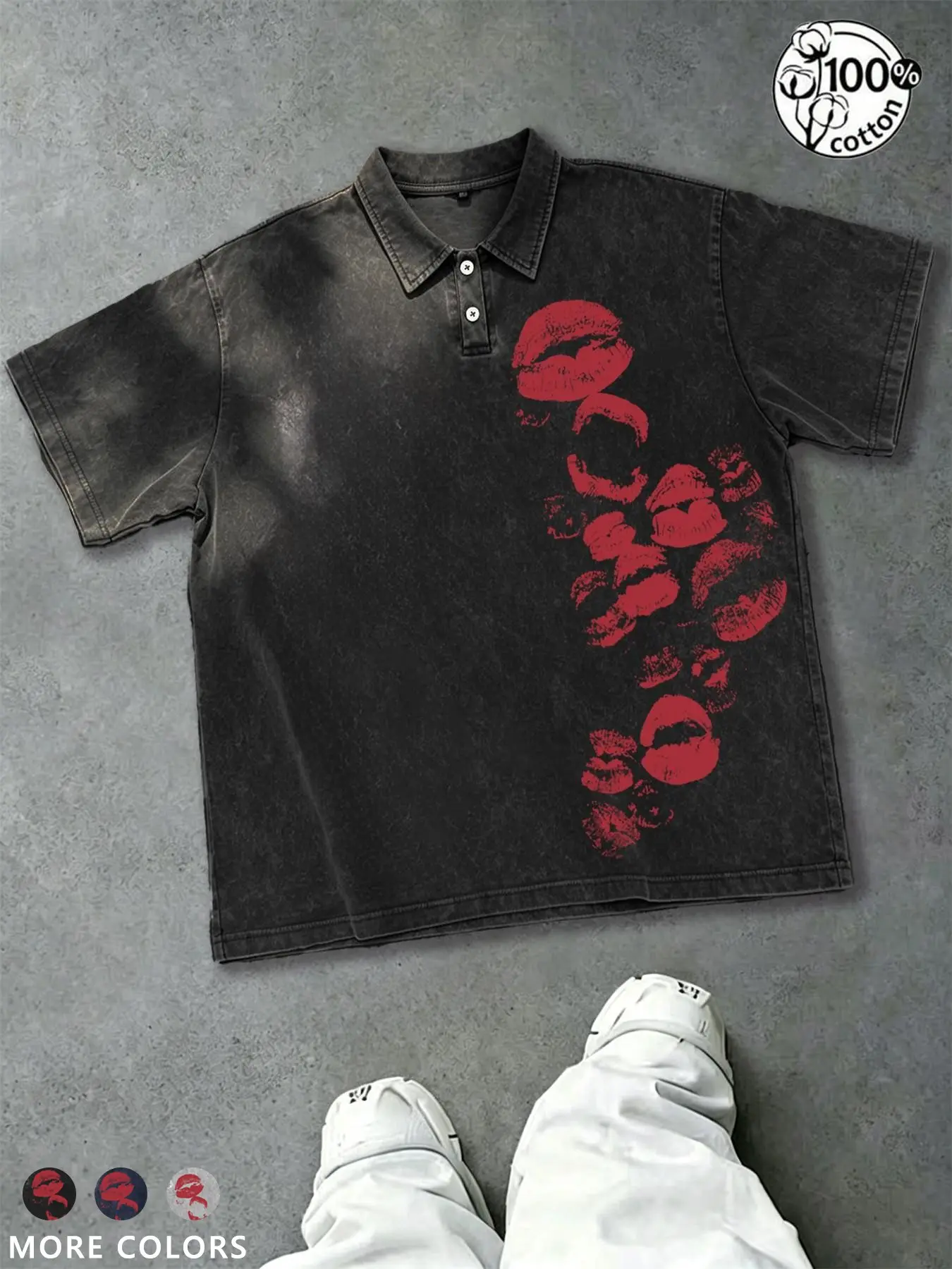 Y2K Style Unisex Graphic Print Polo Shirt,100% Pure Cotton Vintage "Hot Kiss" Lip Print 240g Heavyweight Washed Cotton Short-Sleeve Polo T-Shirt, Loose Fit, Streetwear, Couples Fashion, Men's Gift, Retro Casual Wear