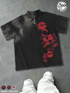 Y2K Style Unisex Graphic Print Polo Shirt,100% Pure Cotton Vintage "Hot Kiss" Lip Print 240g Heavyweight Washed Cotton Short-Sleeve Polo T-Shirt, Loose Fit, Streetwear, Couples Fashion, Men's Gift, Retro Casual Wear