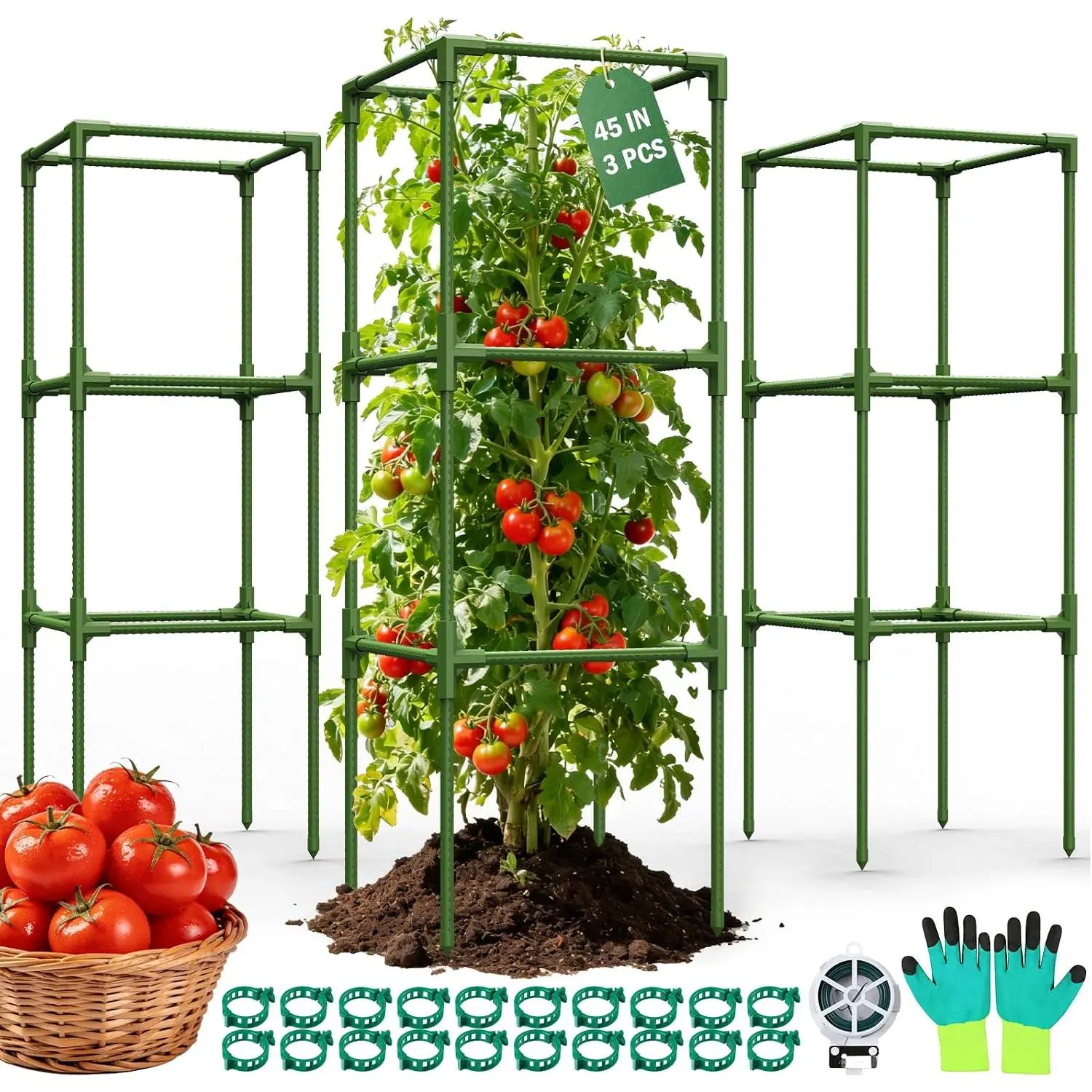 3 Pack Square Tomato Cages for Garden, 45" Heavy Duty Tomato Trellis Plant Support Cages for Raised Garden Bed Climbing Vegetables, Set with Garden Gloves, 20 Clips & 65FT Tie Wire