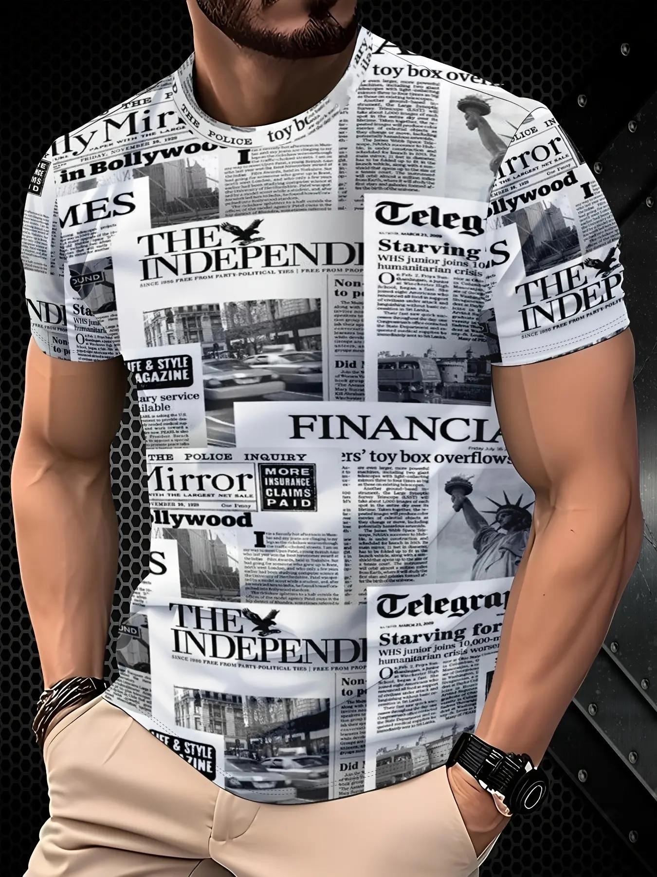 Vintage Newspaper Print Retro Style Short Sleeve T-Shirt, Men's Daily Commute Casual Top, Unique Distressed Newspaper Element Round Neck Shirt