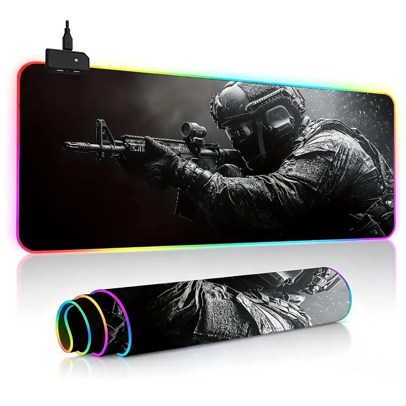 Soldier Extra Large Gaming Desk Mat Keyboard Pad RGB Mouse Pad Ultra Thick Non-Slip Large Size RGB Gaming Desk Setup for PC/Laptop - 14 Lighting Modes Touch Keyboard and Mouse Pad with Non-Slip