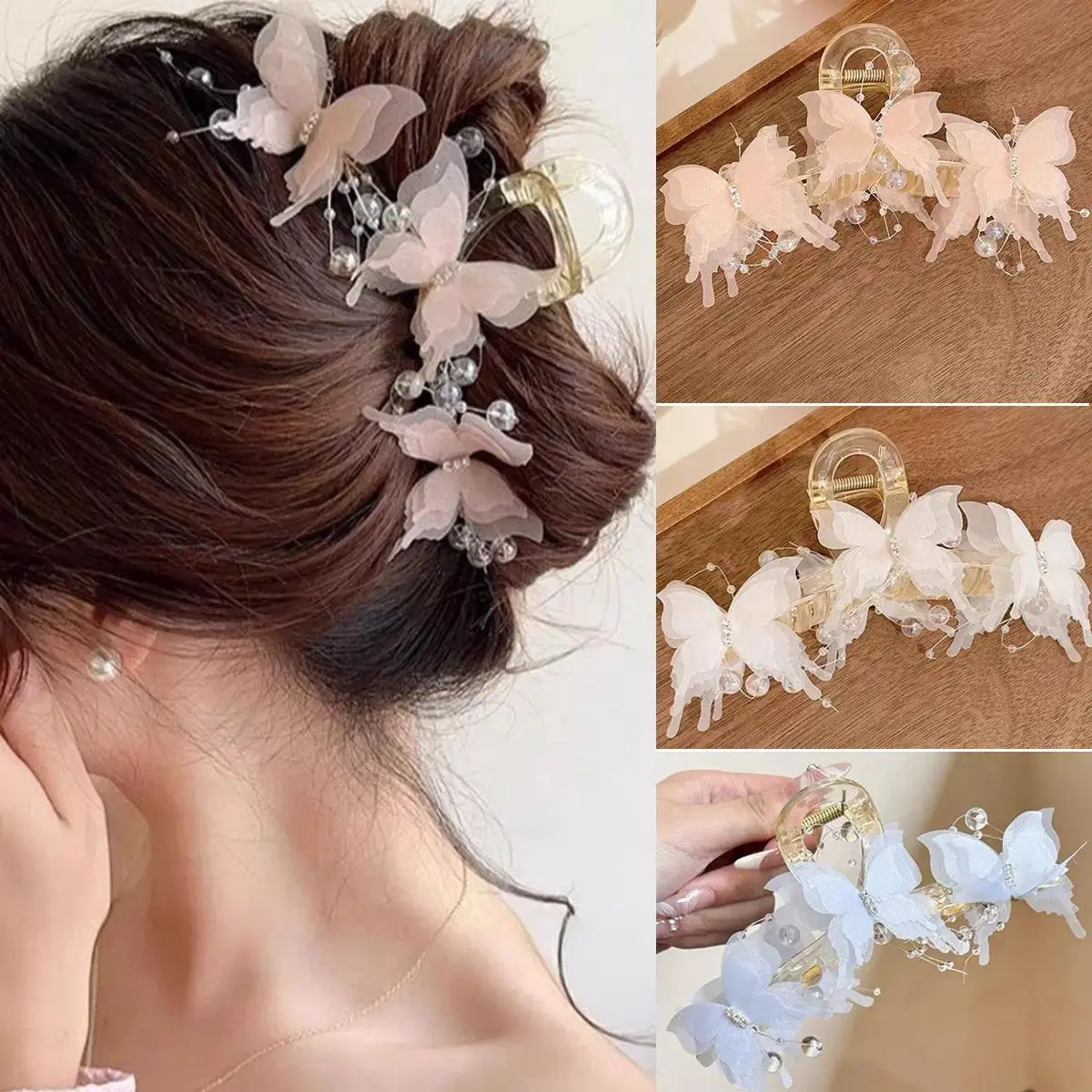 3PCS Rhinestone Bow Hair Claw Clips for Women, Elegant Butterfly Hair Accessories, Strong Hold Ponytail Clips, Daily Styling Hair Clamps for Thick and Thin Hair