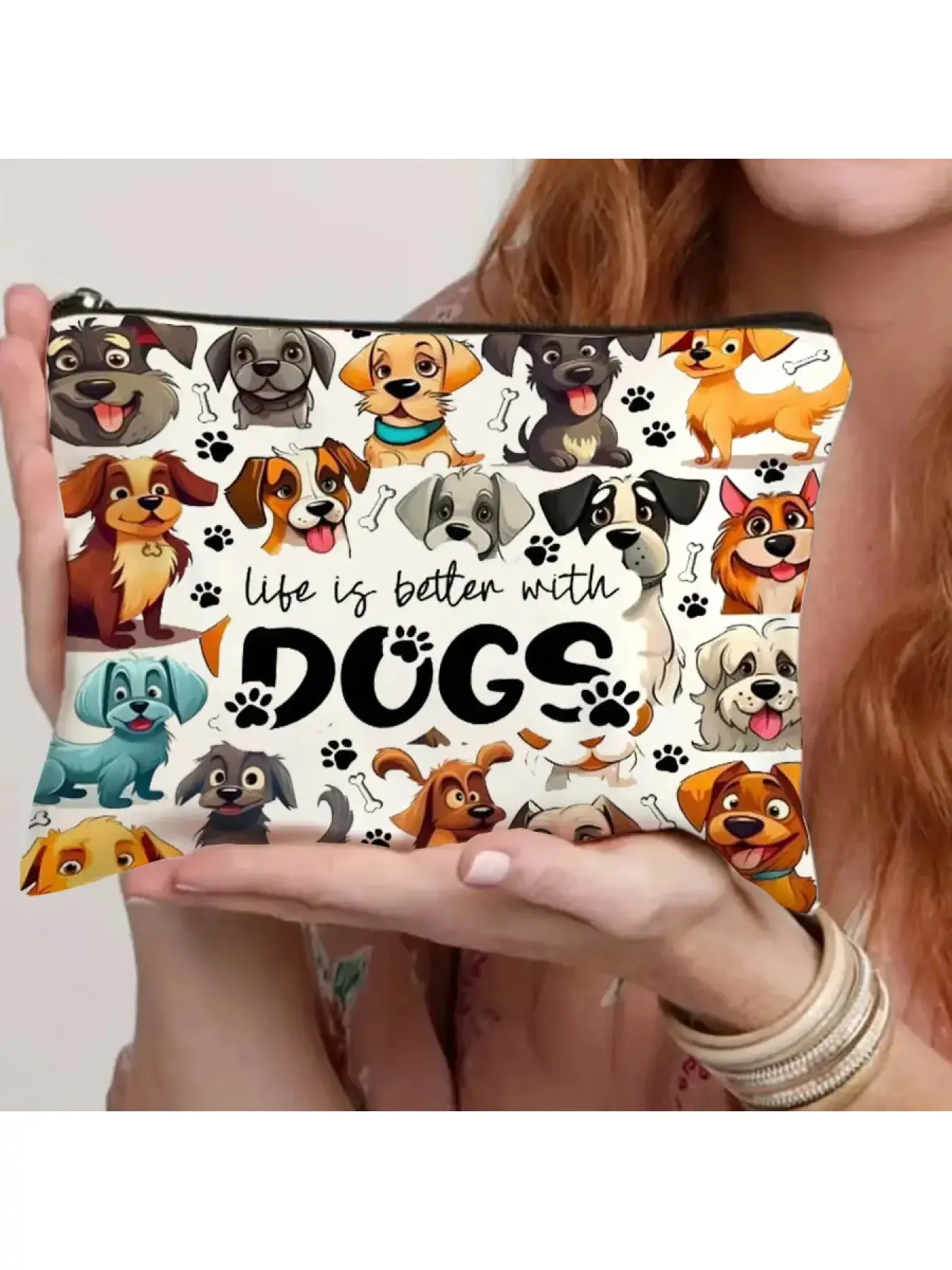 Life Is Better With Dogs Cosmetic Pouch, Cute Cartoon Puppy Zipper Bag with Paw Print Bone Graphic, Portable Travel Toiletry Organizer for Makeup Brushes Lipstick Skincare Coins Cards and Small Essentials, Dog Lover Birthday Christmas Halloween Gift for M