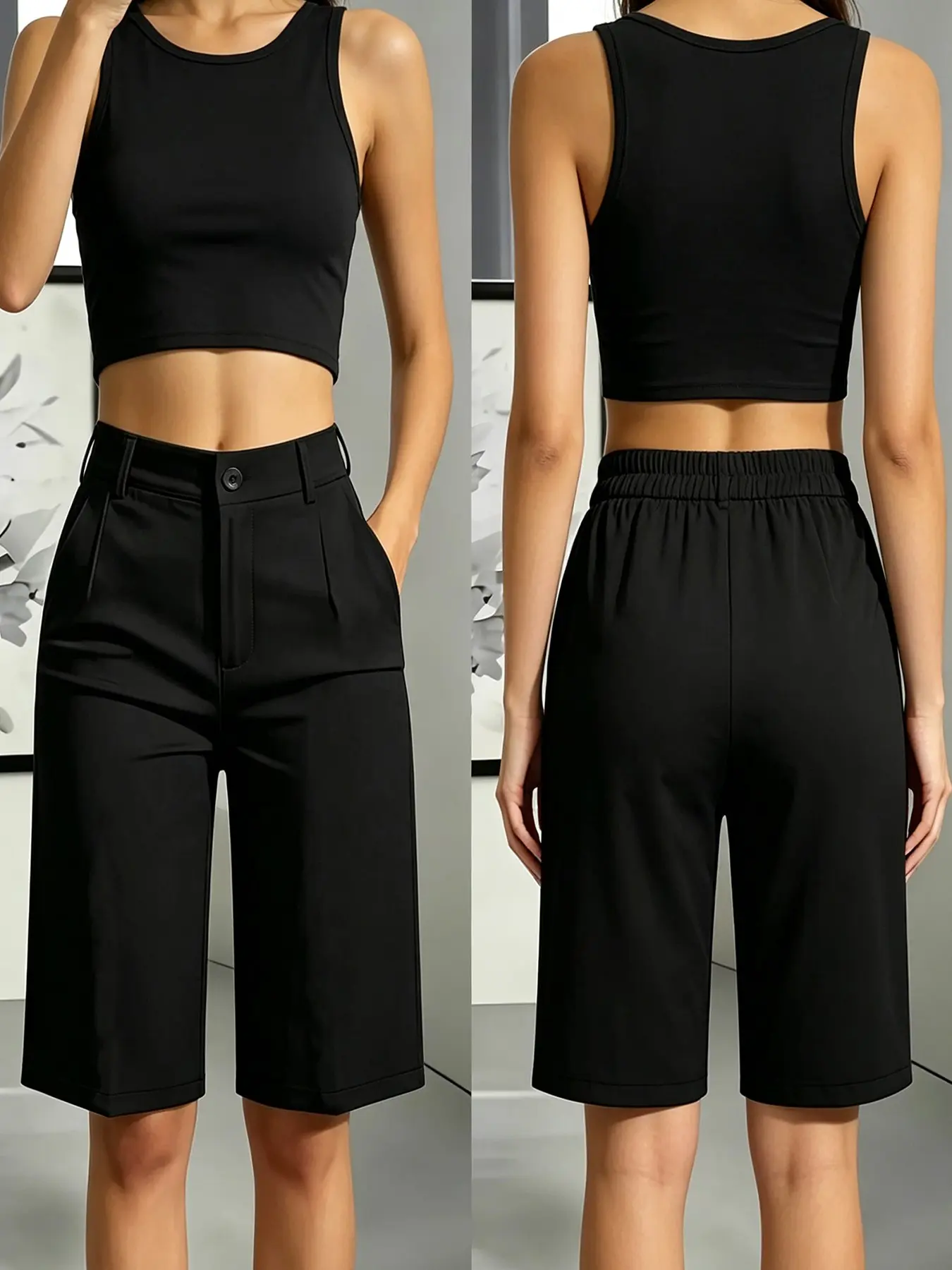 Women's Elegant Solid Color Straight Leg Shorts, Zipper Button Design, Casual Business Wear, Belt Compatible