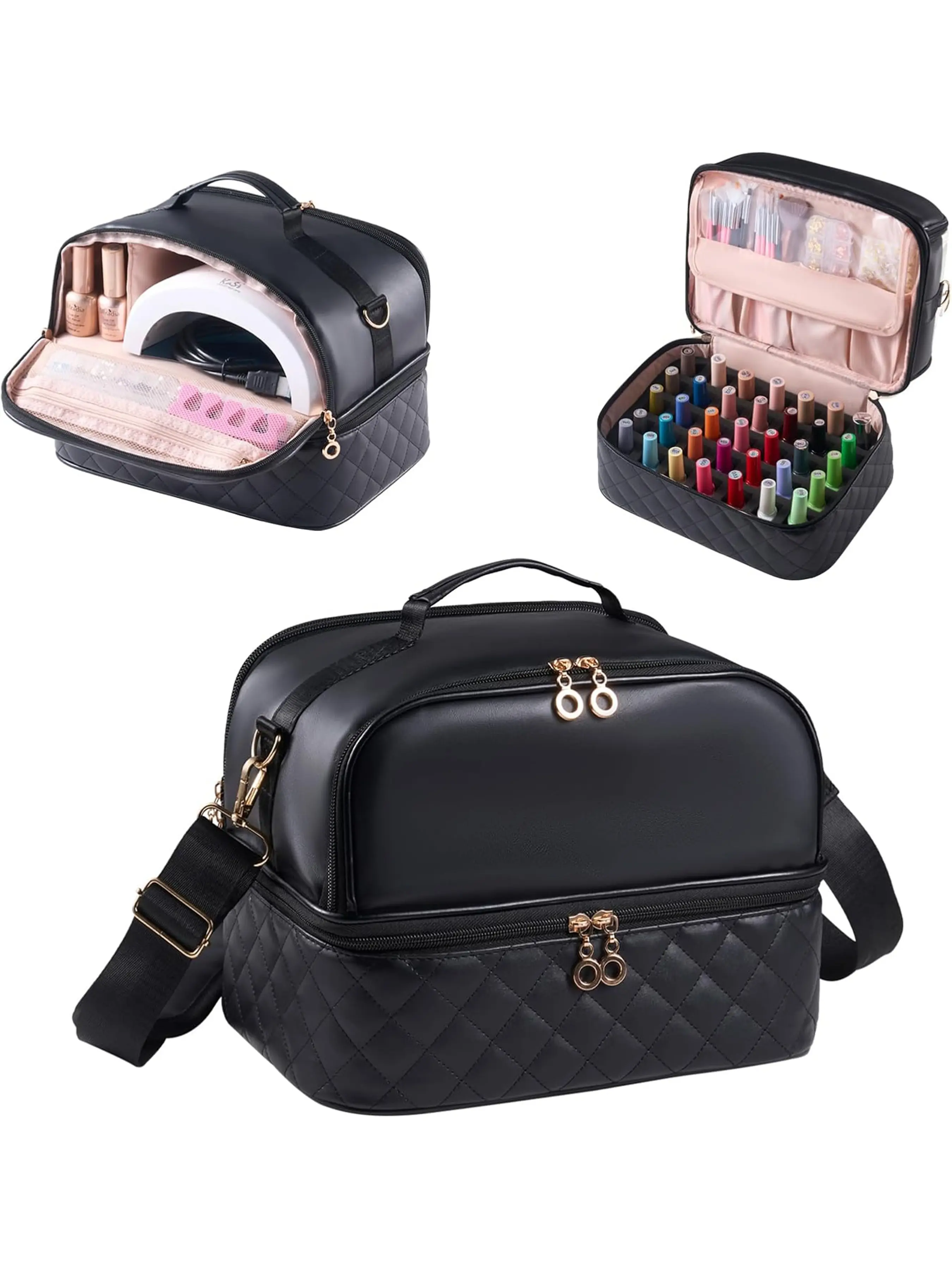 2 Layer Nail Polish Organizer Case for 35+ Bottles (15ml/0.5 fl.oz), Cosmetic Travel Bags, Nail Organizers, Double Layer Nail Bag with Handle & Shoulder Strap for Travel, Nail Kit Bag with Compartments for Nail Supplies, UV Lamp (bag only)