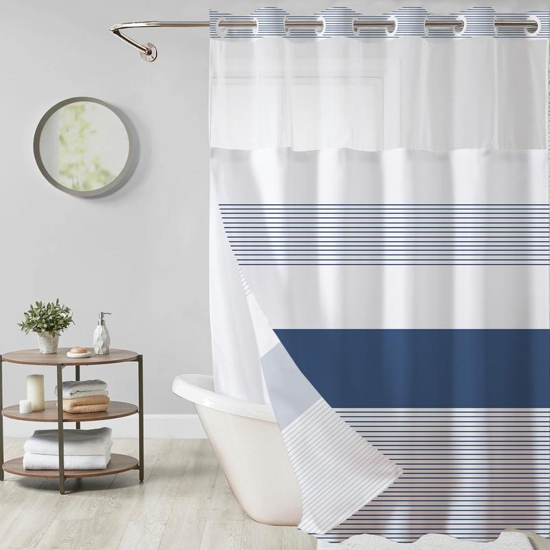 Striped geometric double-layer shower curtain, mesh top window, hook-free design, easy installation, farmhouse, hotel, modern home decoration, 72x75in
