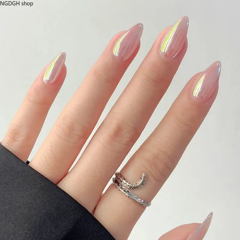 Chrome Nails - Aurora Pink Press On Fake Nails, Holographic Iridescent Long Almond Nail Art for Women Girls Party Daily