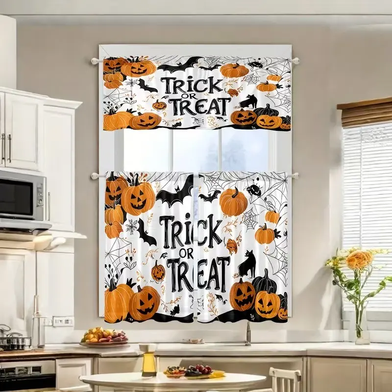Halloween Kitchen Curtains Set, 3 Pieces with 2D Flat-Print Design, Featuring Bats, Spider Webs, Devil Pumpkin Heads, Perfect for Festive Decor