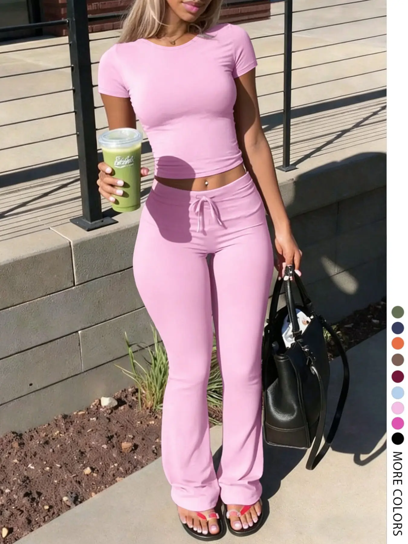 Lovelywholesale Women's Casual Two-Piece Set, Soft Short Sleeve T-Shirt and Drawstring Pants, Spring Summer Fashion