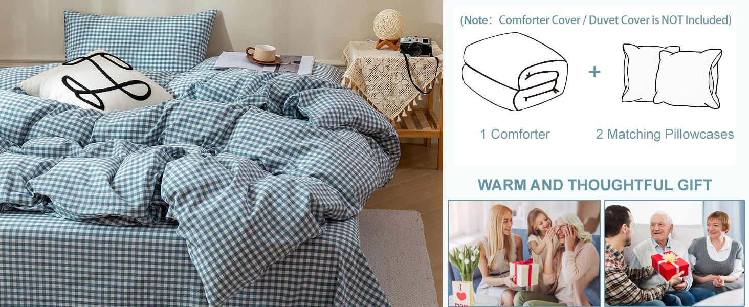 EAVD Blue Gingham Comforter Set Full Soft White and Blue Bedding Set with 2 Pillowcases Grid Comforter Set Reversible Farmhouse Gingham Bedding Set for All-Season