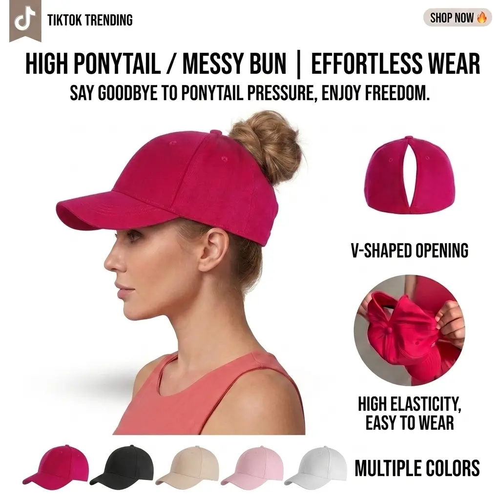 High Ponytail Baseball Cap & Magnetic Messy Bun Hat |   Perfect back opening for high ponytails! Breathable quick-dry cap in multiple colors