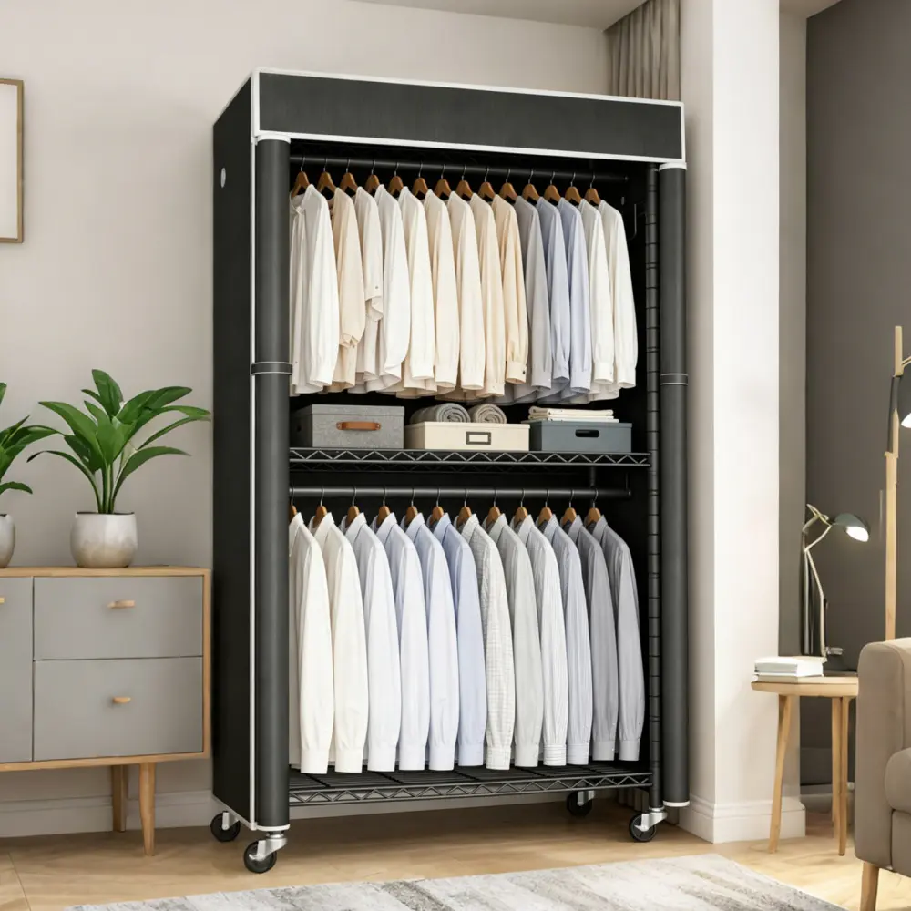 Freestanding Garment Rack with Dust Cover, Portable Clothes Rack with Hanging Rod, Metal Clothing Wardrobe Organizer with Storage Shelf, Side Hooks & Rolling Wheels, Heavy Duty Rolling Closet Rack for Bedroom, Dorm, Laundry Room, Small Space Storage
