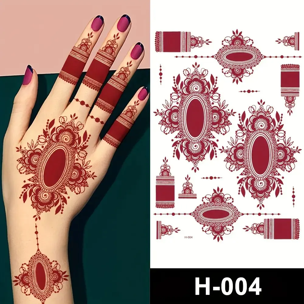 9 Pcs Indian Style Maroon Henna Tattoo Stickers, Henna Designs, Waterproof Non-Toxic Water Transfer Temporary Tattoos for Body Decoration, Temporary Fake Tattoos