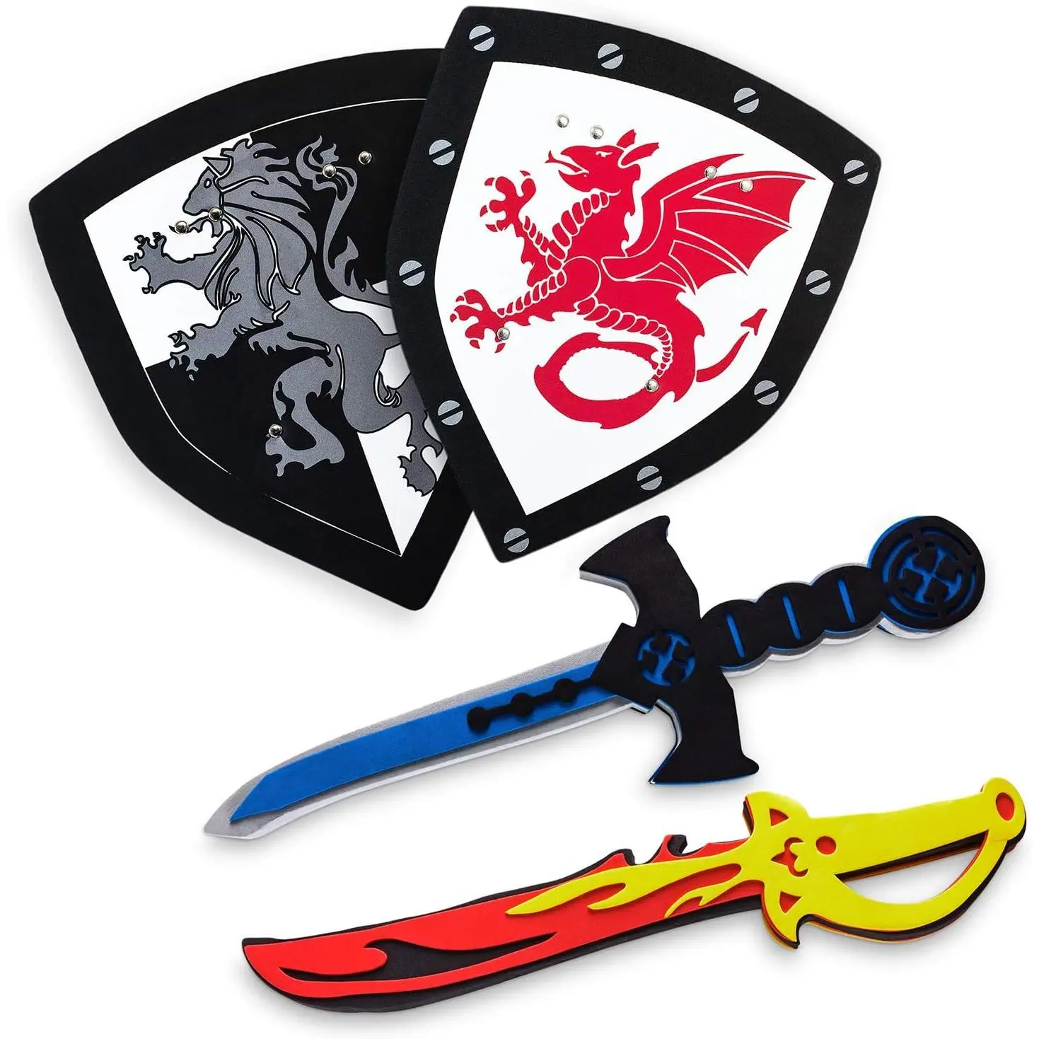 Unisex Kids' Soft Foam Medieval 4-Piece Joust Toy Set - Dual Dragon Swords, 2 Shields, Lightweight Safe Knight Toys, Exciting Party Favor Gift for Kids, Adults
