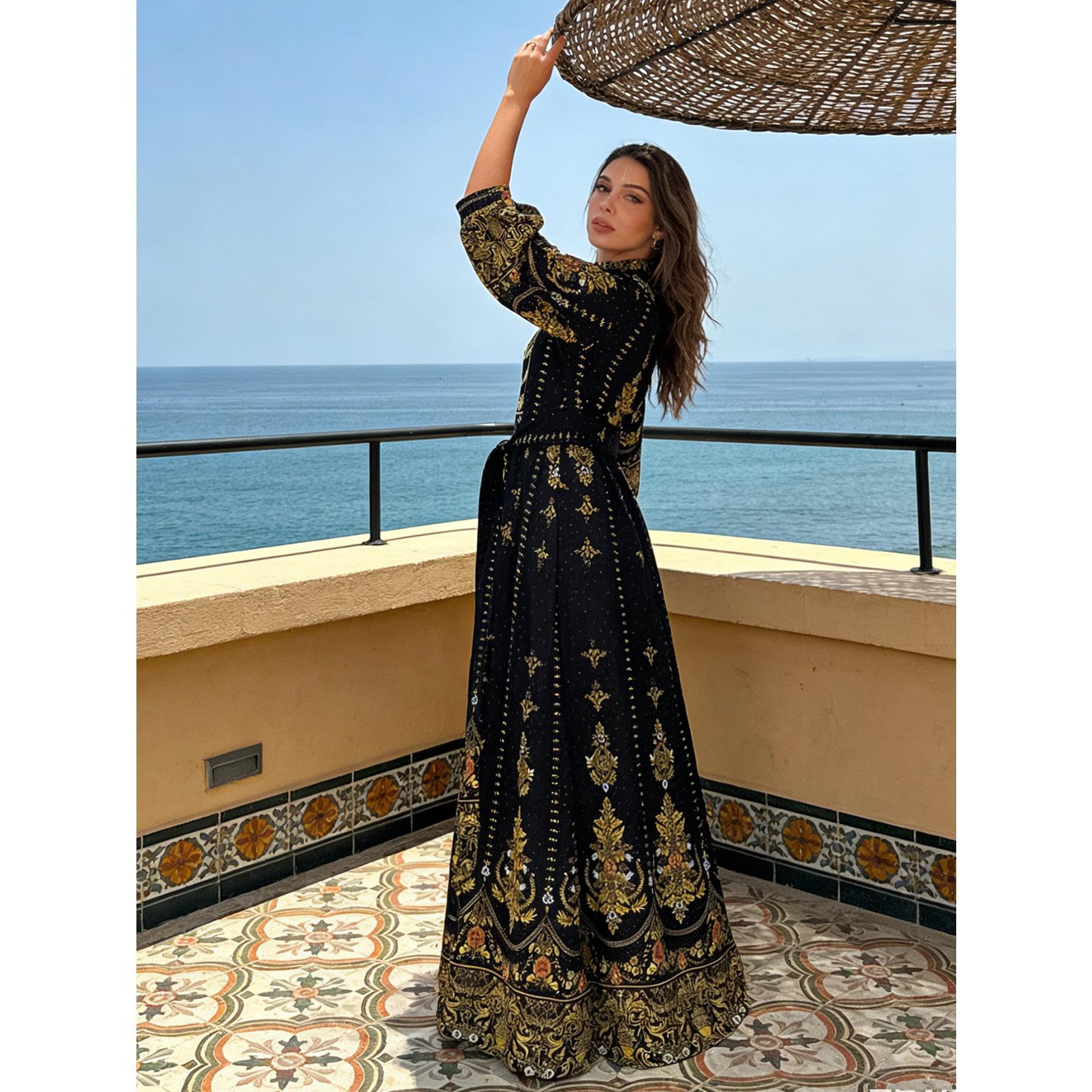 Luxury Gold & Black Baroque Maxi Dress Elegant Belted Boho Gown | Size Inclusive S-4XL | Perfect for Wedding Guest, Evening Gala, Cruise & Vacation Luxury Gold & Black Baroque Maxi Dress Elegant Belted Boho Gown | Size Inclusive S-4XL | Perfect for Wedding Guest, Evening Gala, Cruise & Vacation