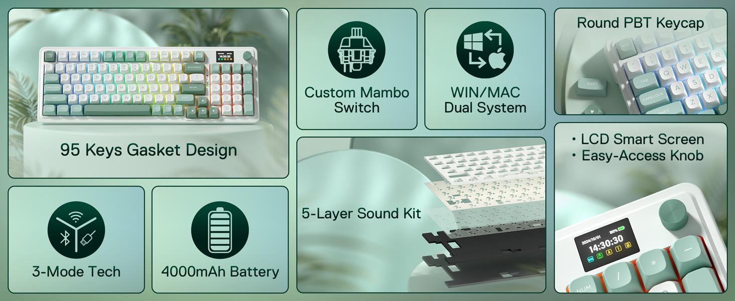 REDRAGON K719 Wireless Gasket Gaming Keyboard with Hype Screen, 95 Keys, 5-Layer Noise Dampening, Custom Linear Switch, Jade Cloud Color