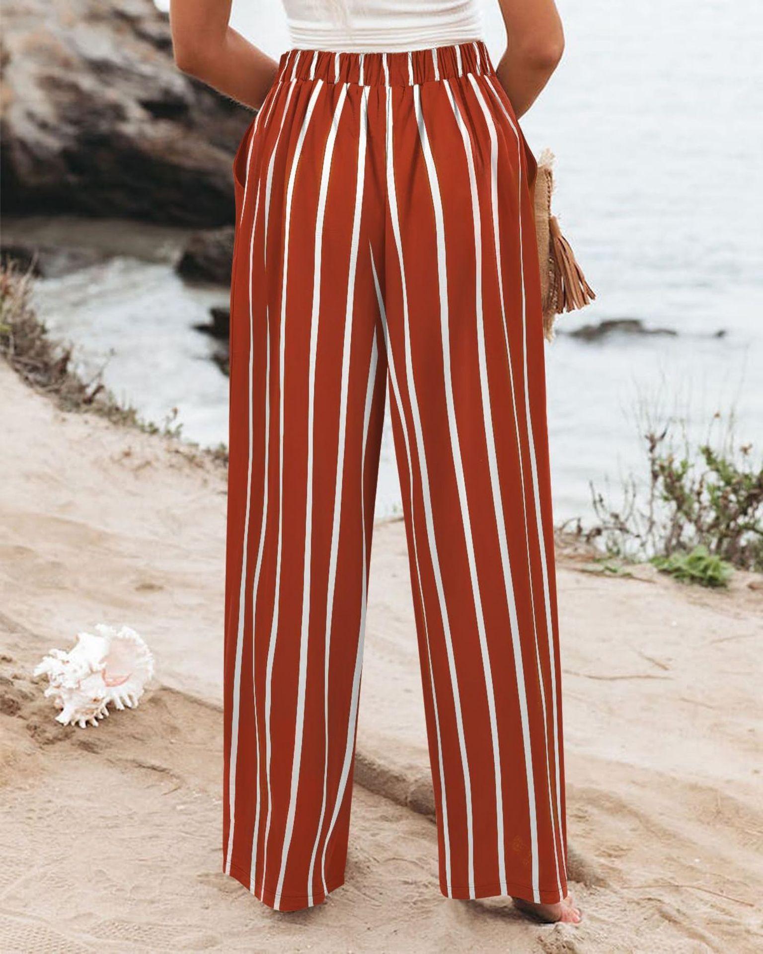 Women's Commuting and Vacation Summer Comfortable High-Waisted Long Pants with Buttons, Elastic Waist, Wide-Leg Casual Straight Pants