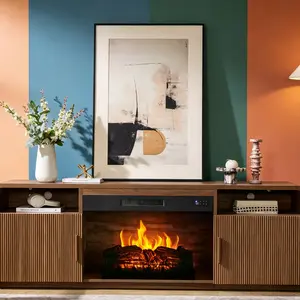 70" Fluted Fireplace TV Stand for TVs Up to 80", Modern TV Console with 30" Electric Fireplace & Storage Cabinets, Media Entertainment Center for Living Room