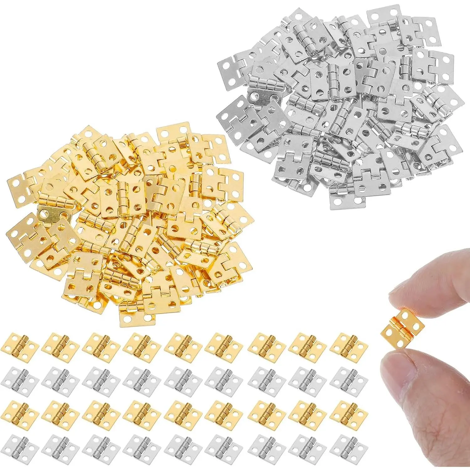 100Pcs Small Brass Hinges for Jewelry Box 10x8mm Mini Hinges for Crafts, Gold and Silver Tiny Hinge Hardware with 400PCS Small Screws for Miniature Furniture Wooden Box Cabinet DIY Accessories