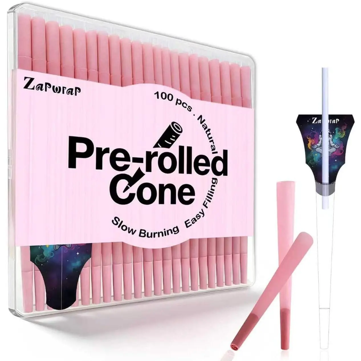 100 PACK Pink Cones Rolling Paper | King Size | 108mm | Pre Rolled Cones with Paper Loader and Packing Sticks