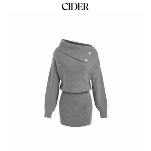 Cider Knit Asymmetrical Neck Metal Detail Mini Dress Dealsforyou