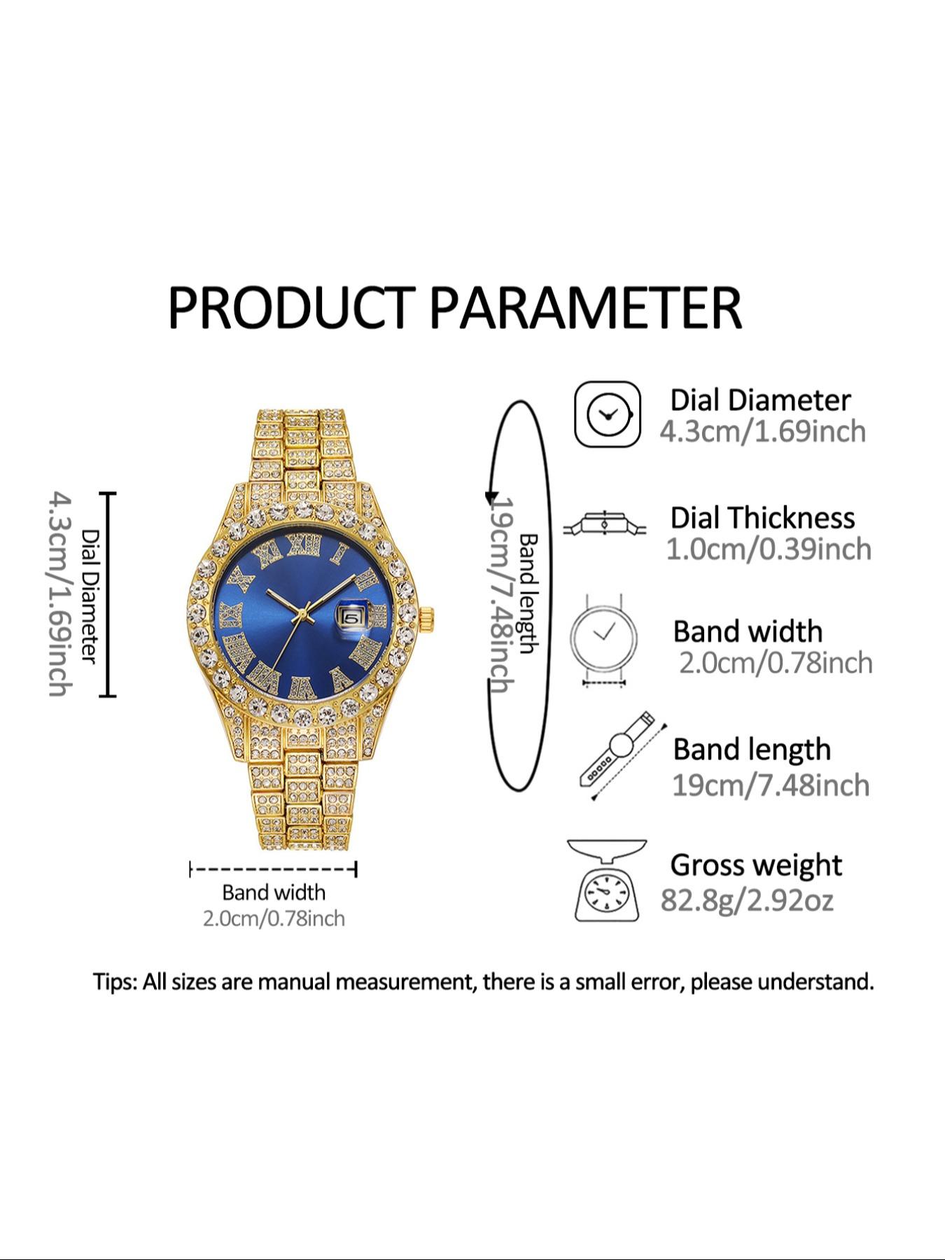 Men's Luxury Rhinestone Decorated Quartz Watch & Jewelry Set, Including Round Dial Watch & Bracelet & Necklace, Fashion Watch Set for Party, Daily Decor