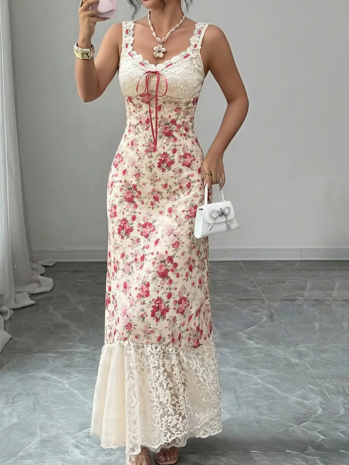 Women's Dainty Lace Trim Floral Print Bow Spaghetti Strap Mermaid Maxi Dress, Boho Cottagecore Style, Soft Girl Cottagecore Resort Summer Wear, Lightweight Airy Wrinkle Resistant Chiffon Fabric, Scalloped Lace V-Neck With Front Pink Ribbon Bow Detail