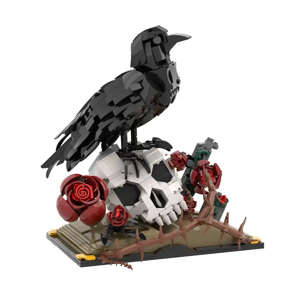 Moc Crow Skull Flower Building Blocks Model, Gothic Dark Style Creative DIY Toy, Adult Brick Enthusiast Gift, Home Decor Ornament, Assembly Building Blocks